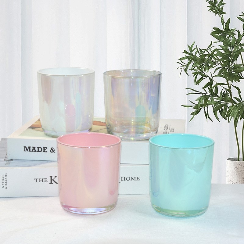 Wholesale 10 oz 300ml Luxury Round Bottom Pink Holographic Iridescent Glass Candles Jars With Lids