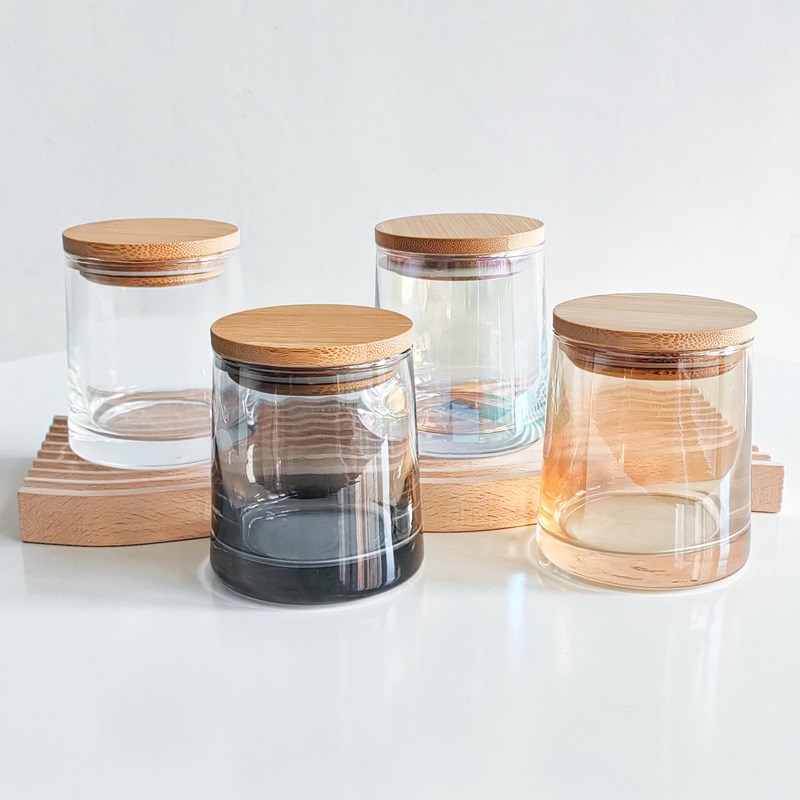 Custom Iridescent 270ml 9oz  Empty Luxury Glass Candle Jars For Candle Candle Container With Bamboo Wooden lid
