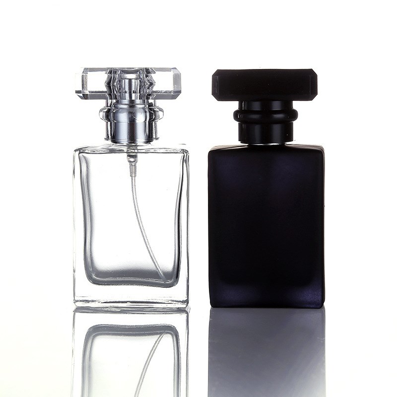Luxury fancy clear matte black flat 30ml 1oz fine mist spray perfume glass bottle with cap (Screw Top)