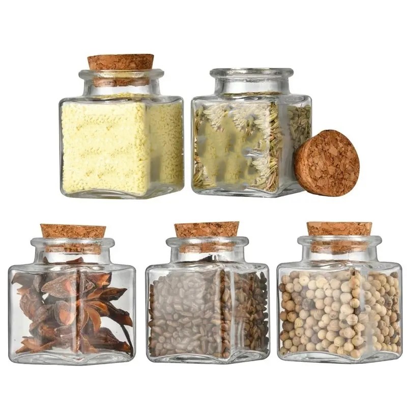 50ml Mini Glass Bottle Jar Mini Clear Square Storage Glass Jar With Cork Lids Wholesale Home Wedding Decoration Gift  Food Candy Saffron Spice Container Glass Storage Jars