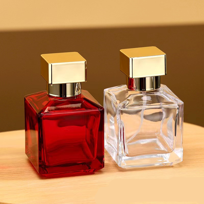 Luxury mini glass spray perfume bottle portable travel empty square 50ml package aluminum gold bottle cap perfume bottle(Screw top)