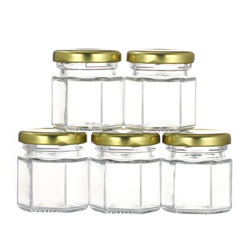 Empty  45ml 1.5oz hexagonal food container jam hot sauce candy glass jar with metal lid for wedding