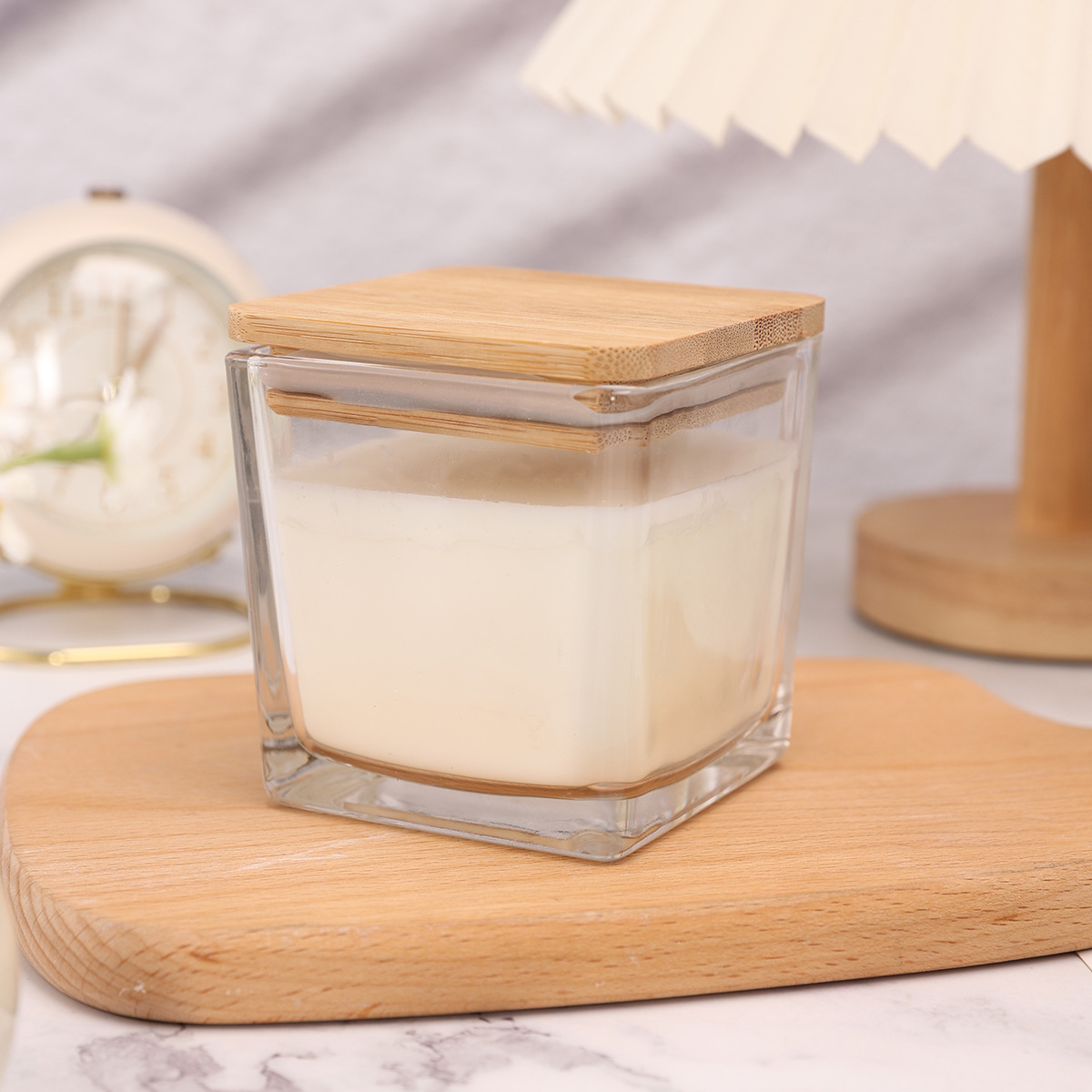 300ml Wholesale Square Shape Candle Container Wholesale Clear Empty Glass Candle Jars With Bamboo lid