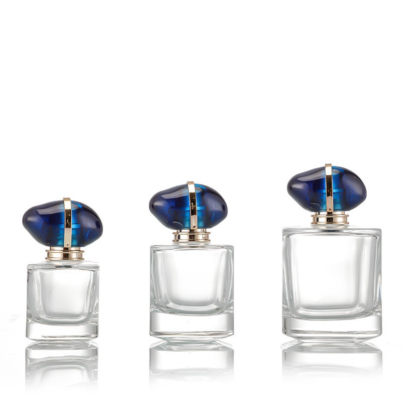 (Crimp neck) 30ml 50ml 100ml Perfume Spray Bottle Transparent Square Perfume Glass Bottles With Blue Gemstone Lid