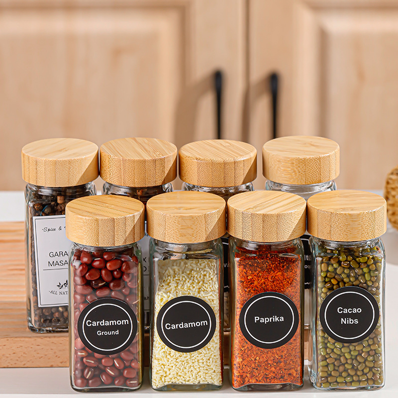 Square Bamboo Lid  4oz 120ml Spice Bottles Glass Seasoning Jars Glass Spice Jars