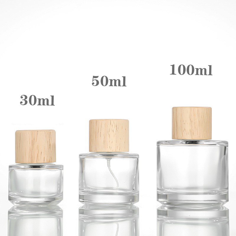 Hot Sale 30ml 50ml 100ml Fragrance Round Glass Bottles Perfume Spray Bottle With Wooden Lid(Crimp Neck)