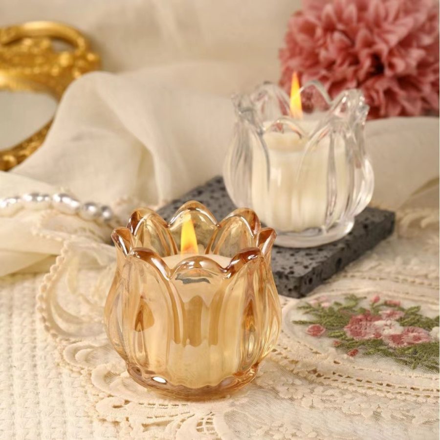 Hot selling Wholesale Vintage Clear Amber Tealight Candle Jar Frosted Wedding Party Tulip Glass Candle Holder - Image 6