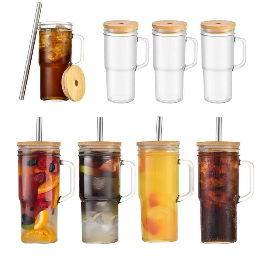 Wholesale Straight Clear Glass Mugs 700ml 24oz  Water Bottle Tumbler Cup with Wooden Lid and Straw（4pcs/box) - Image 3