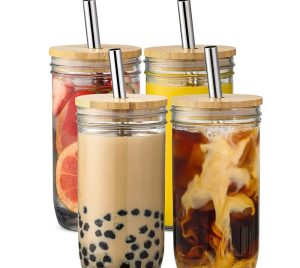 Wholesale 700ml Mason Jar Cups With Bamboo Lids Straw for Cute Boba Drinking Iced Coffee Smoothie Bubble Tea Gift Juice Milk（4pcs/box)