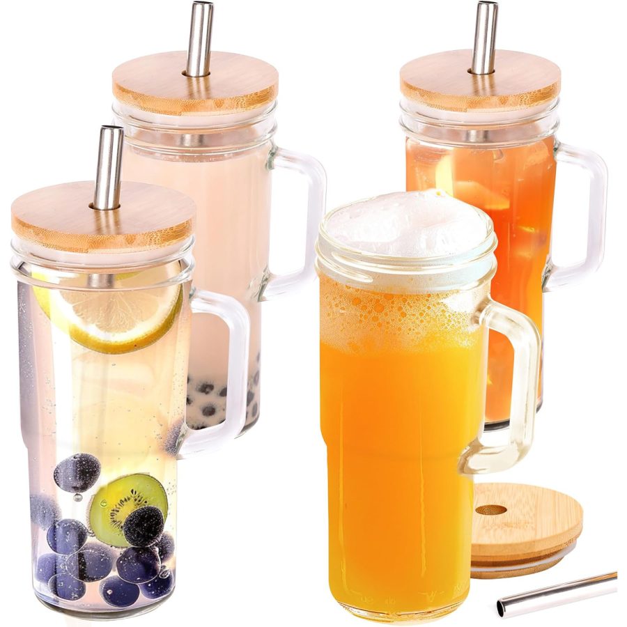 Wholesale Straight Clear Glass Mugs 700ml 24oz  Water Bottle Tumbler Cup with Wooden Lid and Straw（4pcs/box) - Image 2