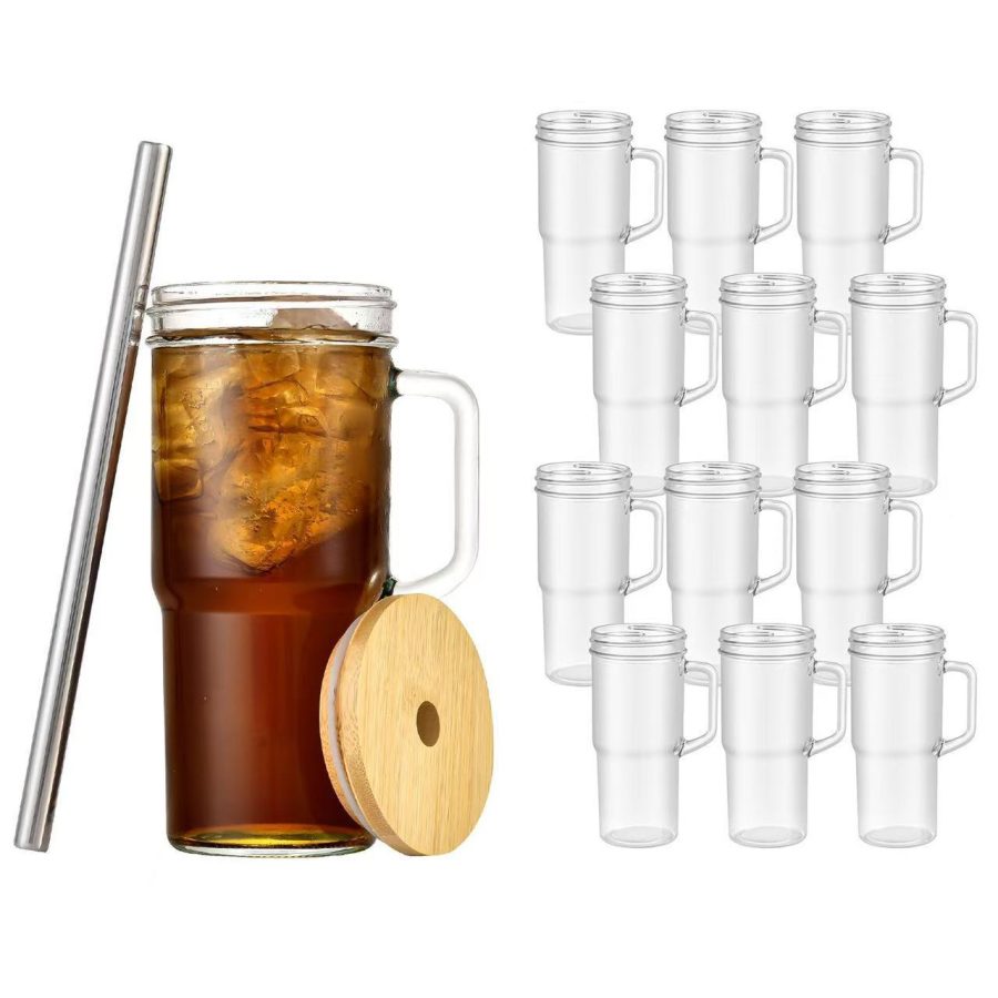 Wholesale Straight Clear Glass Mugs 700ml 24oz  Water Bottle Tumbler Cup with Wooden Lid and Straw（4pcs/box) - Image 4