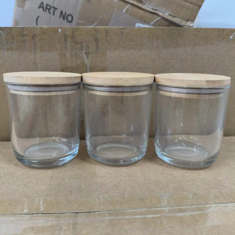 Wholesale price empty 10oz 300ml transparent candle glass jar with bamboo lid